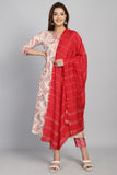 Beige & Pink Cotton Embroidered A- Line Kurta & Pant With Dupatta