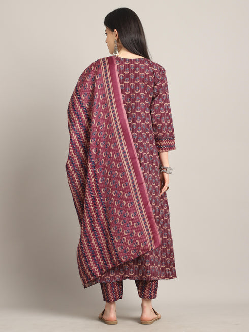 Women's Wine & Beige Cotton Blend Embroidered A-Line Kurta & Pant With Dupatta