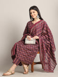 Rajnandini-Women's-Wine-&-Beige-Cotton-Blend-Embroidered-A-Line-Kurta-&-Pant-With-Dupatta