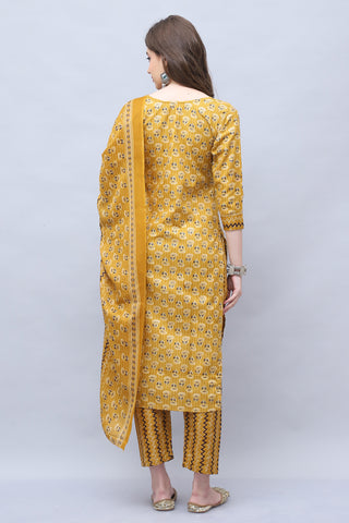 Mustard & Brown Cotton Embroidered Straight Kurta & Pant With Dupatta