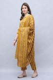 Mustard & Brown Cotton Embroidered Straight Kurta & Pant With Dupatta