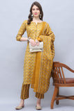 Mustard & Brown Cotton Embroidered Straight Kurta & Pant With Dupatta