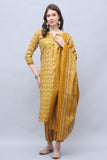 Mustard & Brown Cotton Embroidered Straight Kurta & Pant With Dupatta