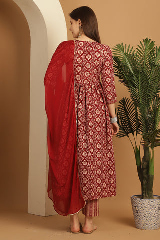 Maroon & Beige Rayon Embroidered Alia cut  Kurta & Pant With Dupatta