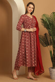 Maroon & Beige Rayon Embroidered Alia cut  Kurta & Pant With Dupatta