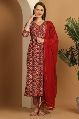 Maroon & Beige Rayon Embroidered Alia cut  Kurta & Pant With Dupatta