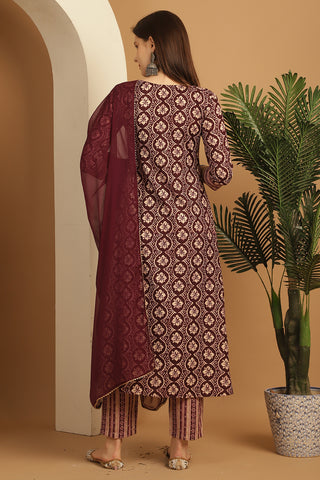 Wine & Beige Rayon Embroidered A- Line Kurta & Pant With Dupatta