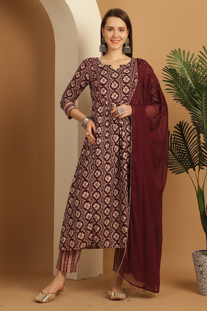 Wine & Beige Rayon Embroidered A- Line Kurta & Pant With Dupatta