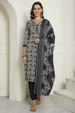 Off White & Grey Cotton Blend Embroidered Straight Kurta & Pant With Dupatta