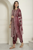 Wine Cotton Blend Embroidered Straight Kurta & Pant With Dupatta