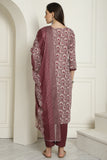 Wine Cotton Blend Embroidered Straight Kurta & Pant With Dupatta