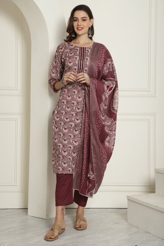 Wine Cotton Blend Embroidered Straight Kurta & Pant With Dupatta