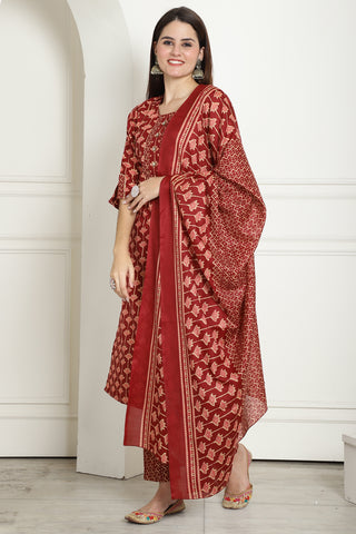 Maroon & Beige Cotton Embroidered Straight Kurta & Pant With Dupatta