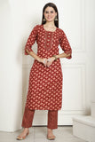 Maroon & Beige Cotton Embroidered Straight Kurta & Pant With Dupatta