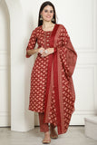 Maroon & Beige Cotton Embroidered Straight Kurta & Pant With Dupatta