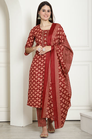 Maroon & Beige Cotton Embroidered Straight Kurta & Pant With Dupatta