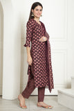 Wine & Beige Cotton Embroidered Straight Kurta & Pant With Dupatta