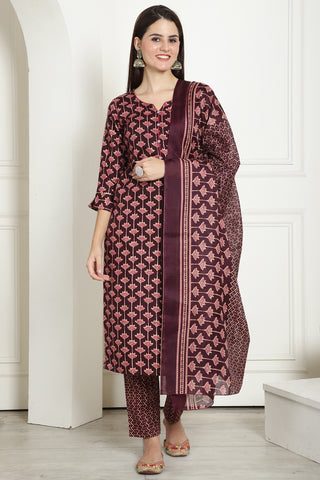 Wine & Beige Cotton Embroidered Straight Kurta & Pant With Dupatta