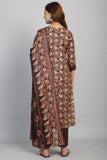 Brown & Beige Cotton Blend Embroidered Straight Kurta & Pant With Dupatta