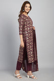 Wine & Beige Cotton Blend Embroidered Straight Kurta & Pant With Dupatta