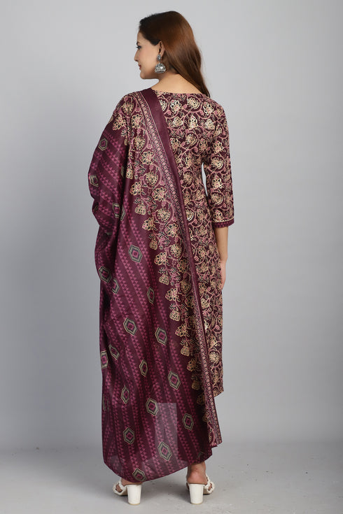 Wine & Beige Cotton Blend Embroidered Straight Kurta & Pant With Dupatta