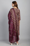 Wine & Beige Cotton Blend Embroidered Straight Kurta & Pant With Dupatta