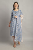 Sky Blue Cotton Embroidered Straight Kurta & Pant With Dupatta