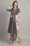 Grey Cotton Embroidered Straight Kurta & Pant With Dupatta