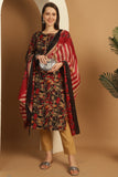 Black & Beige Cotton Blend Embroidered Straight Kurta & Pant With Dupatta