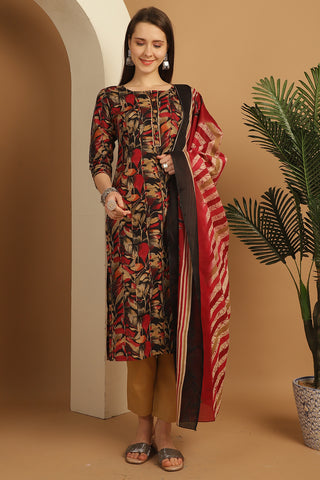 Black & Beige Cotton Blend Embroidered Straight Kurta & Pant With Dupatta