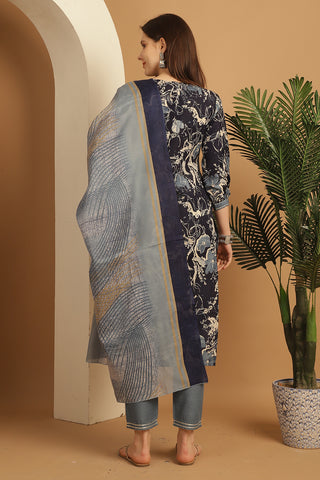 Navy Blue Cotton Blend Embroidered Straight Kurta & Pant With Dupatta