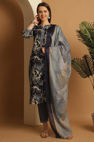 Navy Blue Cotton Blend Embroidered Straight Kurta & Pant With Dupatta