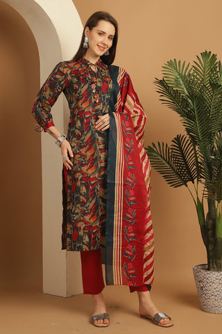 Green & Red Cotton Blend Embroidered Straight Kurta & Pant With Dupatta