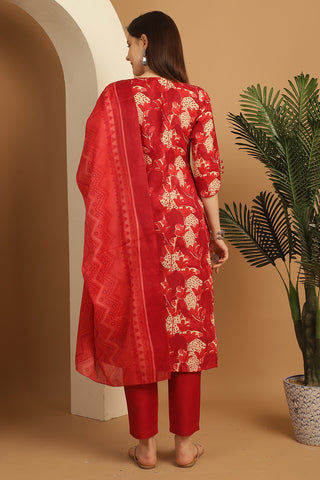 Red Cotton Blend Embroidered Straight Kurta & Pant With Dupatta