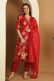 Red Cotton Blend Embroidered Straight Kurta & Pant With Dupatta