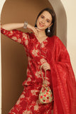 Red Cotton Blend Embroidered Straight Kurta & Pant With Dupatta