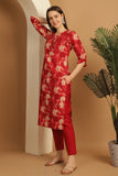 Red Cotton Blend Embroidered Straight Kurta & Pant With Dupatta