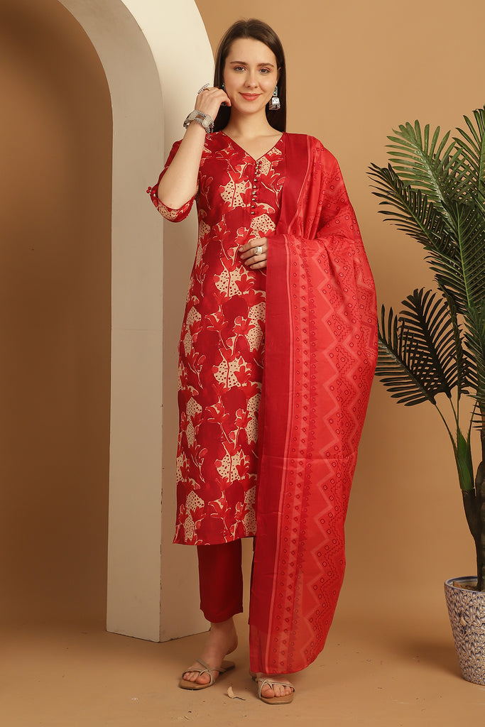 Red Cotton Blend Embroidered Straight Kurta & Pant With Dupatta