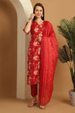 Red Cotton Blend Embroidered Straight Kurta & Pant With Dupatta