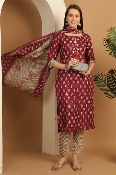 Wine Cotton  Embroidered Straight Kurta & Pant With Dupatta