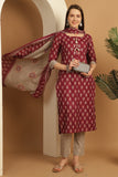 Wine Cotton  Embroidered Straight Kurta & Pant With Dupatta