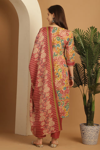 Multicolor Cotton Blend Embroidered Straight Kurta & Pant With Dupatta