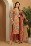 Multicolor Cotton Blend Embroidered Straight Kurta & Pant With Dupatta