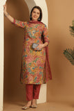 Multicolor Cotton Blend Embroidered Straight Kurta & Pant With Dupatta