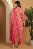 Pink & Beige Cotton Blend Embroidered Straight Kurta & Pant With Dupatta