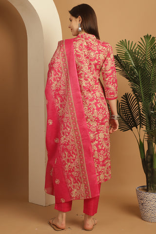 Pink & Beige Cotton Blend Embroidered Straight Kurta & Pant With Dupatta