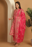 Pink & Beige Cotton Blend Embroidered Straight Kurta & Pant With Dupatta