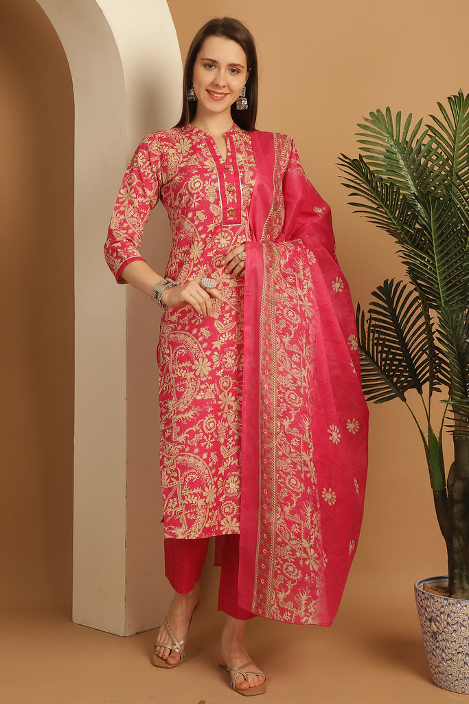 Pink & Beige Cotton Blend Embroidered Straight Kurta & Pant With Dupatta