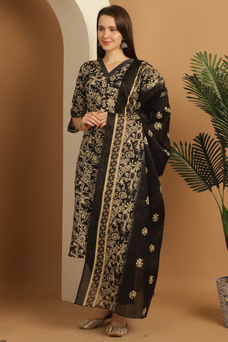 Black & Beige Women Cotton Blend Floral Printed Kurta & Pant With Dupatta