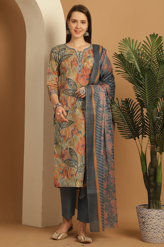 Multicolor Women Cotton Blend Floral Printed Kurta & Pant With Dupatta